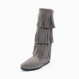 Minnetonka 3 Layer Fringe Calf High Boots Womens Size 6 Gray Suede Leather 1631T